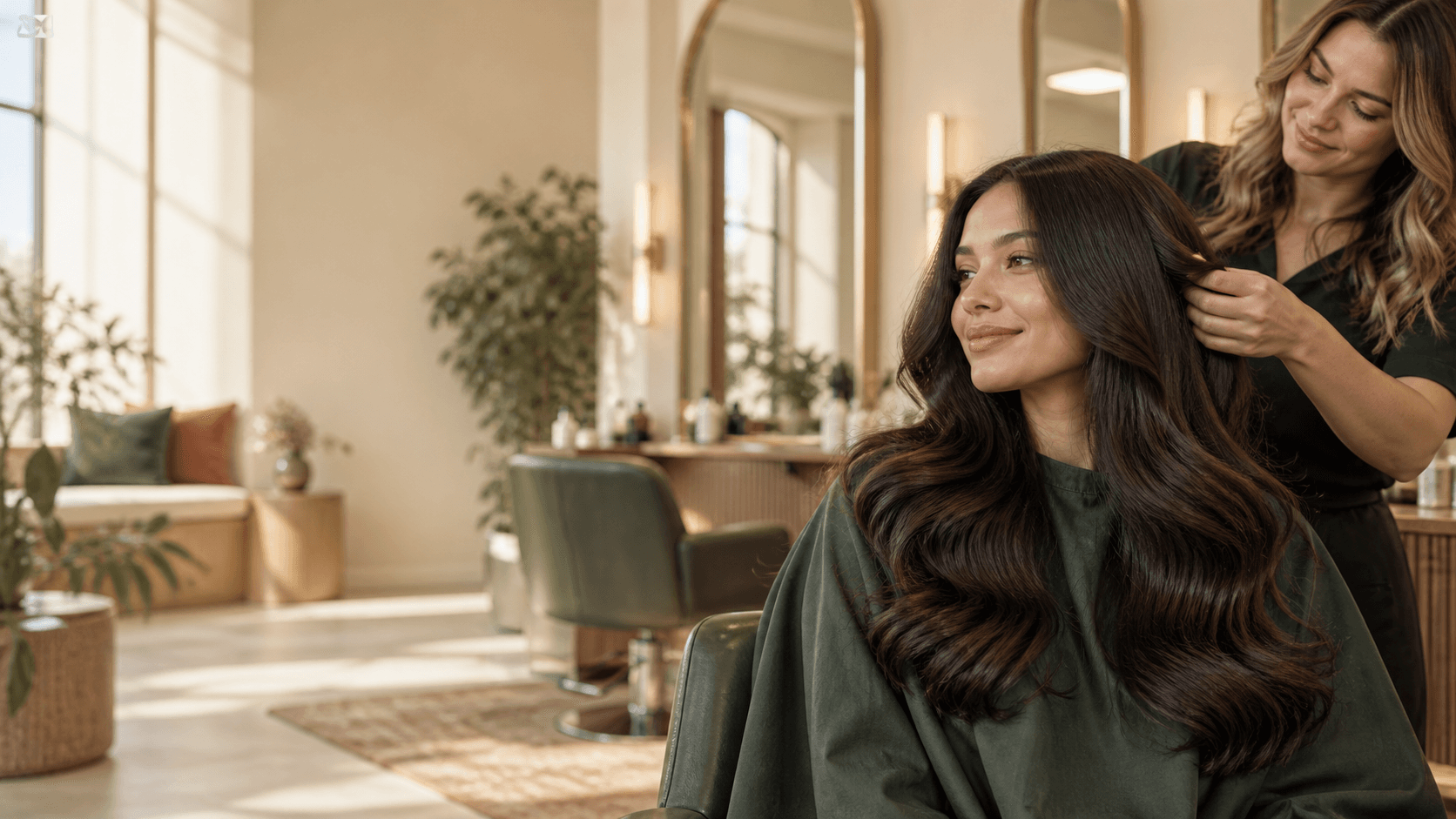 Stylist shaping a client's hair in a bright salon